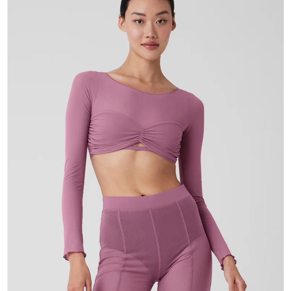 Alo Mesh Sheer Illusion Cropped Long Sleeve Soft Mulberry Small NWT!!